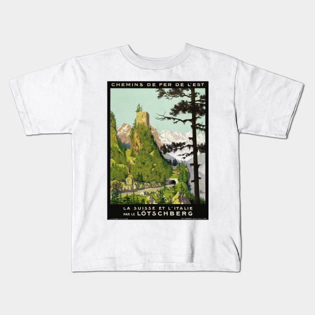 France Vintage Travel Poster Loetschberg Restored 1910 Kids T-Shirt by vintagetreasure